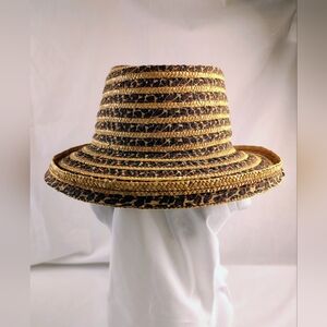 1990's Liz Claiborne Straw Leopard Print Summer Hat Lightweight Rolled Brim